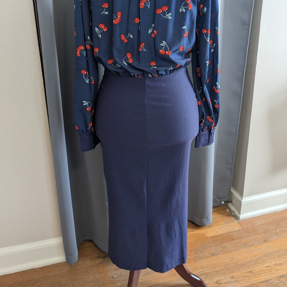 NWT Unique Vintage Navy Cherry Print Bishop Sleeve Wiggle Pencil Dress L(10/12) - Picture 4 of 13
